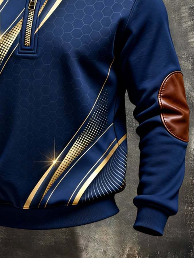 Men's Retro Color Block Print Color-Blocked Zip-Up Sweatshirt