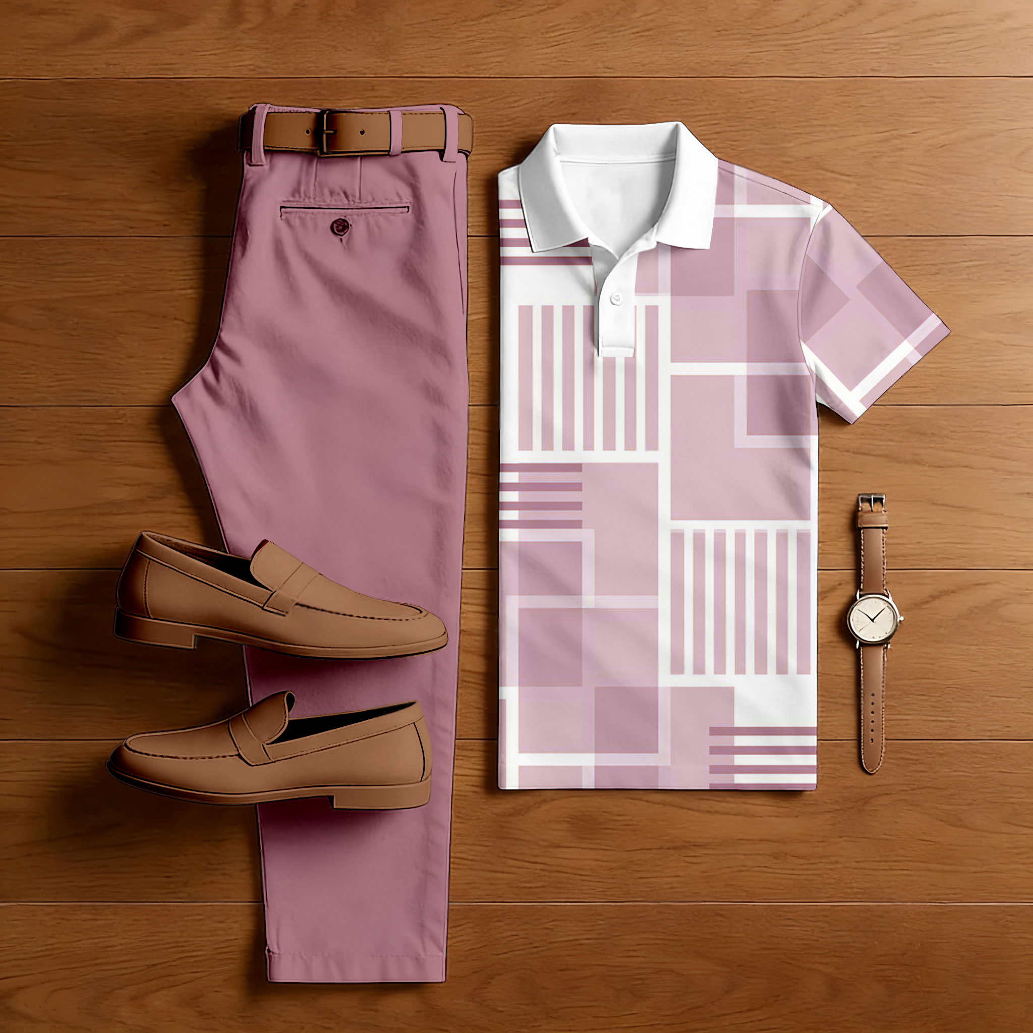 Men's Casual Pink & White Color Matching Checkered Printed Short Sleeved Polo Shirt & Trousers Two-Piece Set