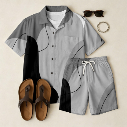 Men's Casual Grey Short-Sleeved Shirt And Shorts Two-Piece Set (Excluding Bag, Belt, Sunglasses And Accessories)