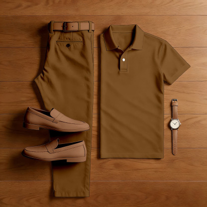 Men's Casual Brown Short Sleeved Polo Shirt & Trousers Two-Piece Set
