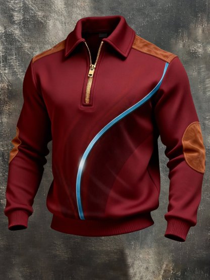 Men's Vintage Color-Block Printed Zip-Up Hoodie