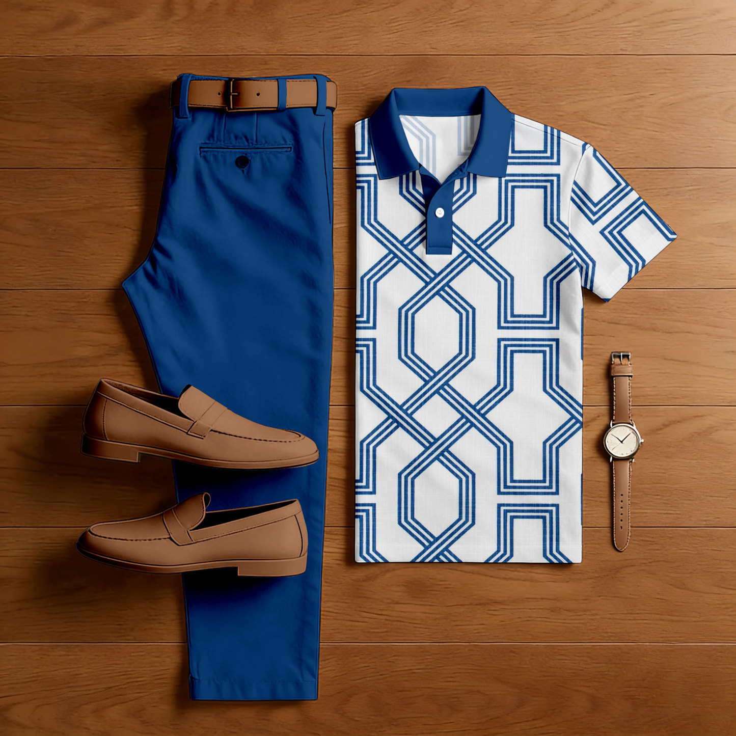 Men's Casual Blue & White Color Matching Retro Style Printed Short Sleeved Polo Shirt & Trousers Two-Piece Set