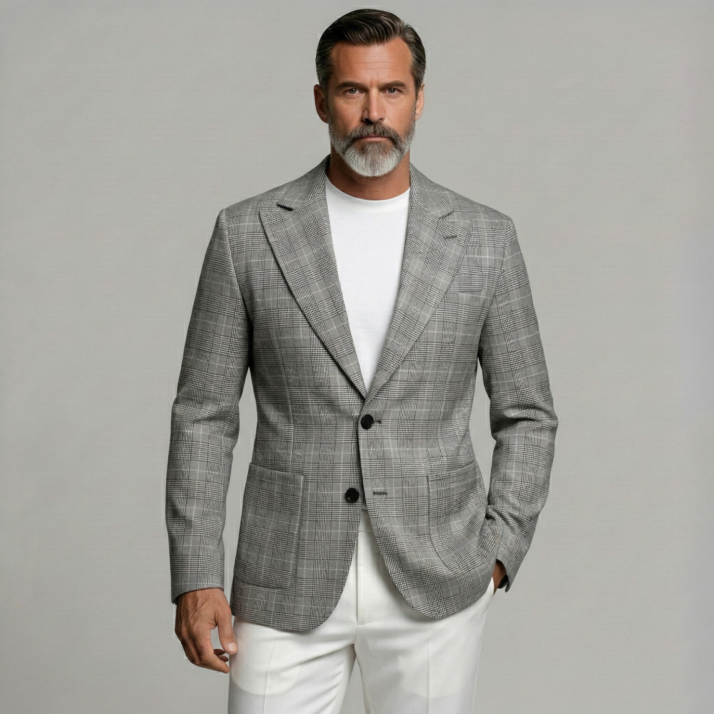 Men's Business Gray Plaid Print Two Button Patch Pocket Notch Lapel Blazer