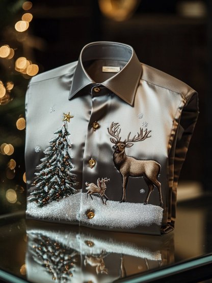Christmas Men's Business Luxury Christmas Tree and Christmas Elk Long Sleeve Shirt