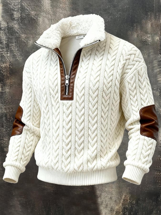 Men's Retro Textured Printed Sweatshirt with Fur Collar