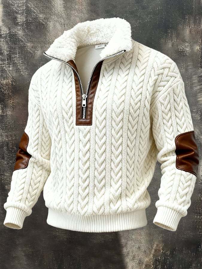 Men's Retro Textured Printed Sweatshirt with Fur Collar