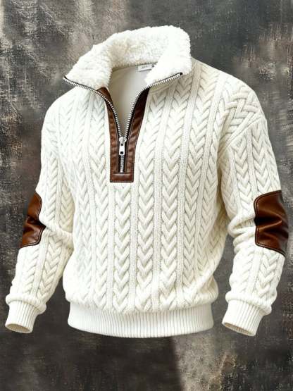 Men's Retro Textured Printed Sweatshirt with Fur Collar