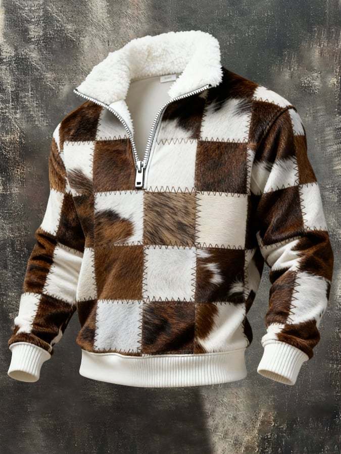 Men's Retro Color Block Print Sweatshirt With Fur Collar