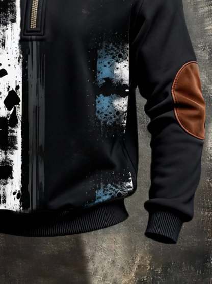 Men's Retro Color Block Print Color-Blocked Zip-Up Sweatshirt
