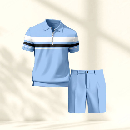 Men's Casual Printed Polo Shirt And Pants Two-Piece Set
