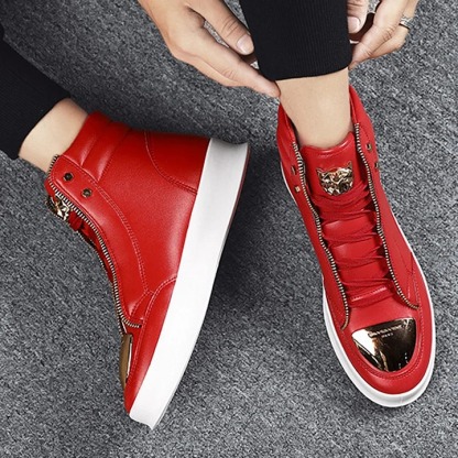 Men's Casual Solid Zipper Metal Decor Lace Up High Top PU Leather Martin Boots