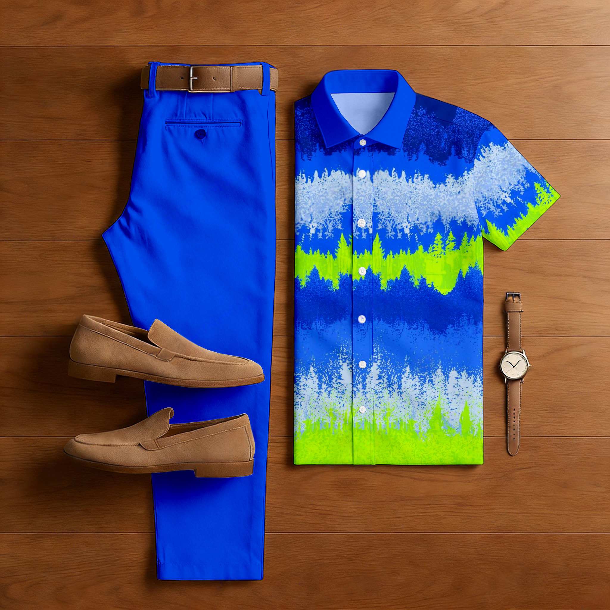 Men's Casual Royal Blue & Green Color Matching Art Printed Short Sleeved Shirt & Trousers Two-Piece Set
