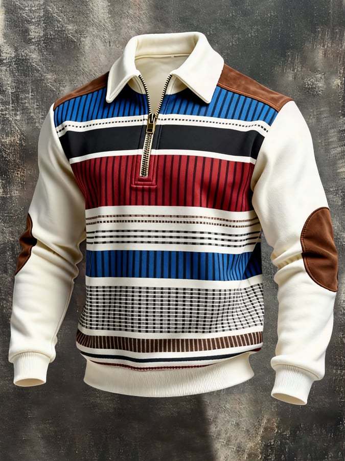 Men's Retro Color Block Print Color-Blocked Zip-Up Sweatshirt