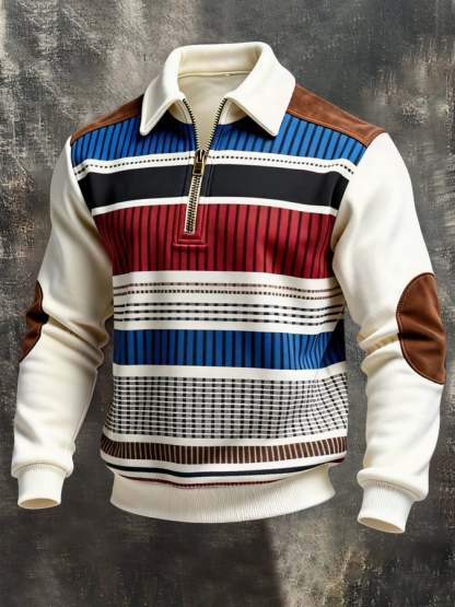 Men's Retro Color Block Print Color-Blocked Zip-Up Sweatshirt