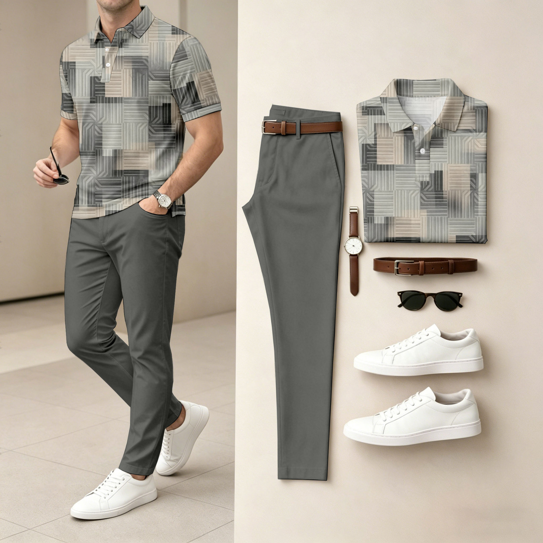 Men's Casual Gray Geometry Printed Polo Shirt And Pants Two-Piece Set