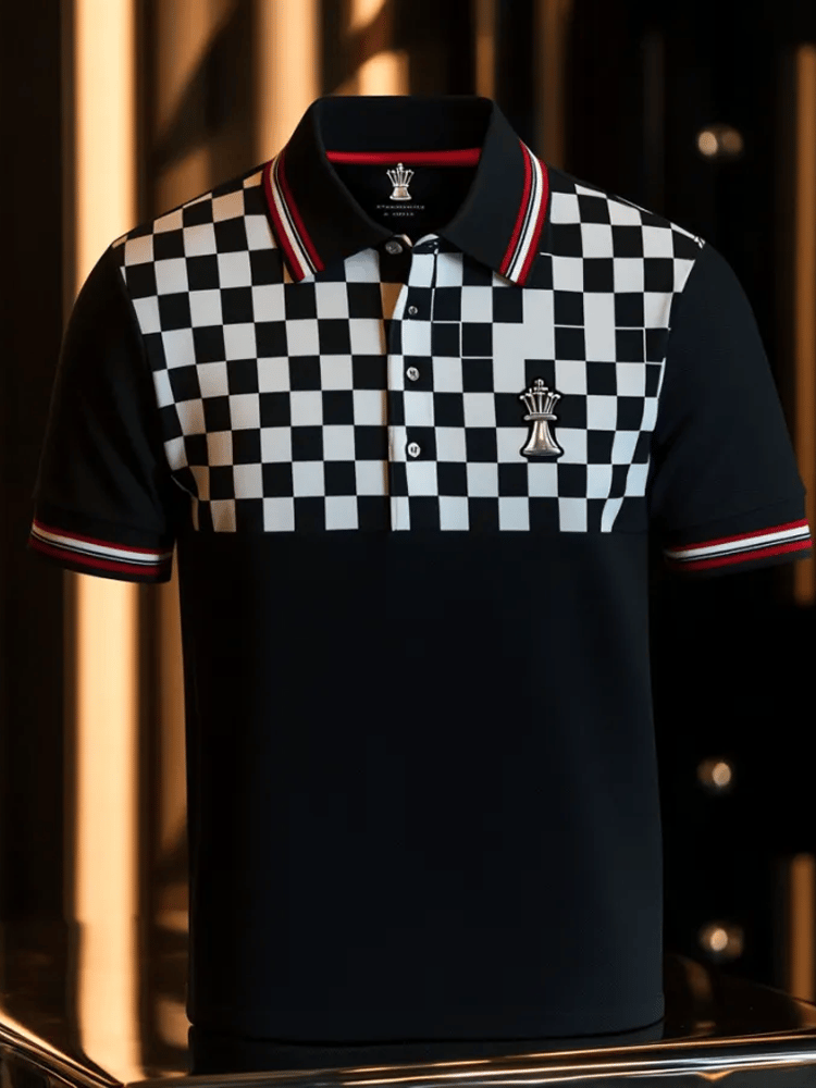 Men's Business Stripe Lettering Button-Down Short Sleeve Polo Shirt
