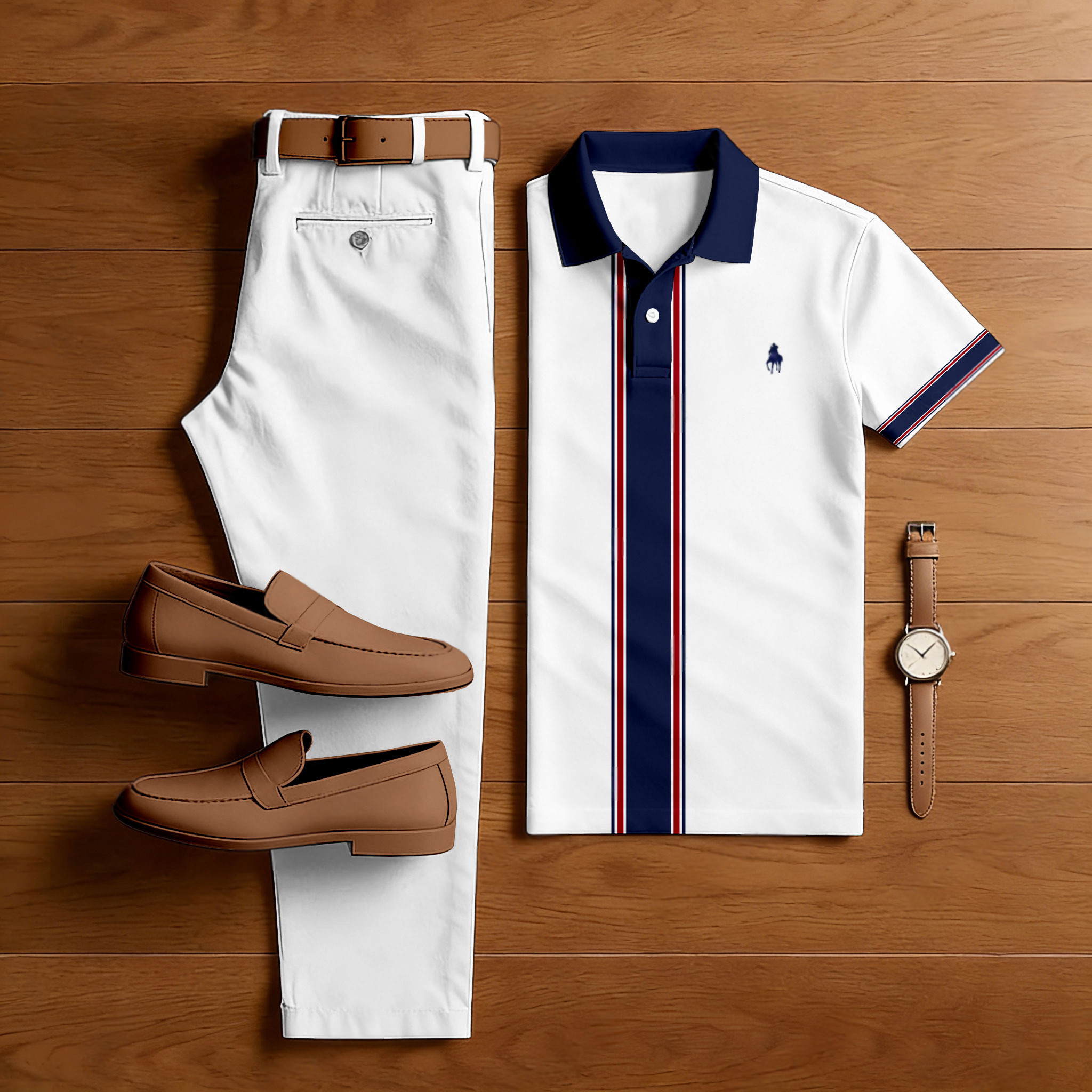 Men's Casual White & Navy Color Matching Striped Printed Short Sleeved Polo Shirt & Trousers Two-Piece Set