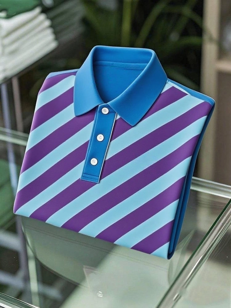 Men's Business Casual Striped Button Short Sleeve Polo Shirt