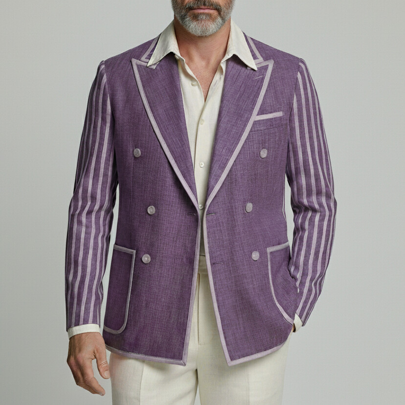 Men's Business Casual Purple Contrast Binding Peak Lapel Double Breasted Striped Long Sleeve Blazer