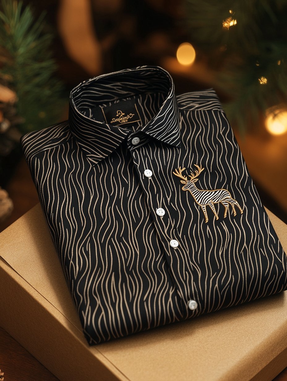 Men's Business Christmas Elk Logo Textured Print Long Sleeve Shirt