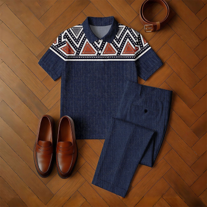 Men's Casual Navy Blue & Brown Color Matching Ethnic Style Printed Short Sleeved Polo Shirt & Trousers Two-Piece Set