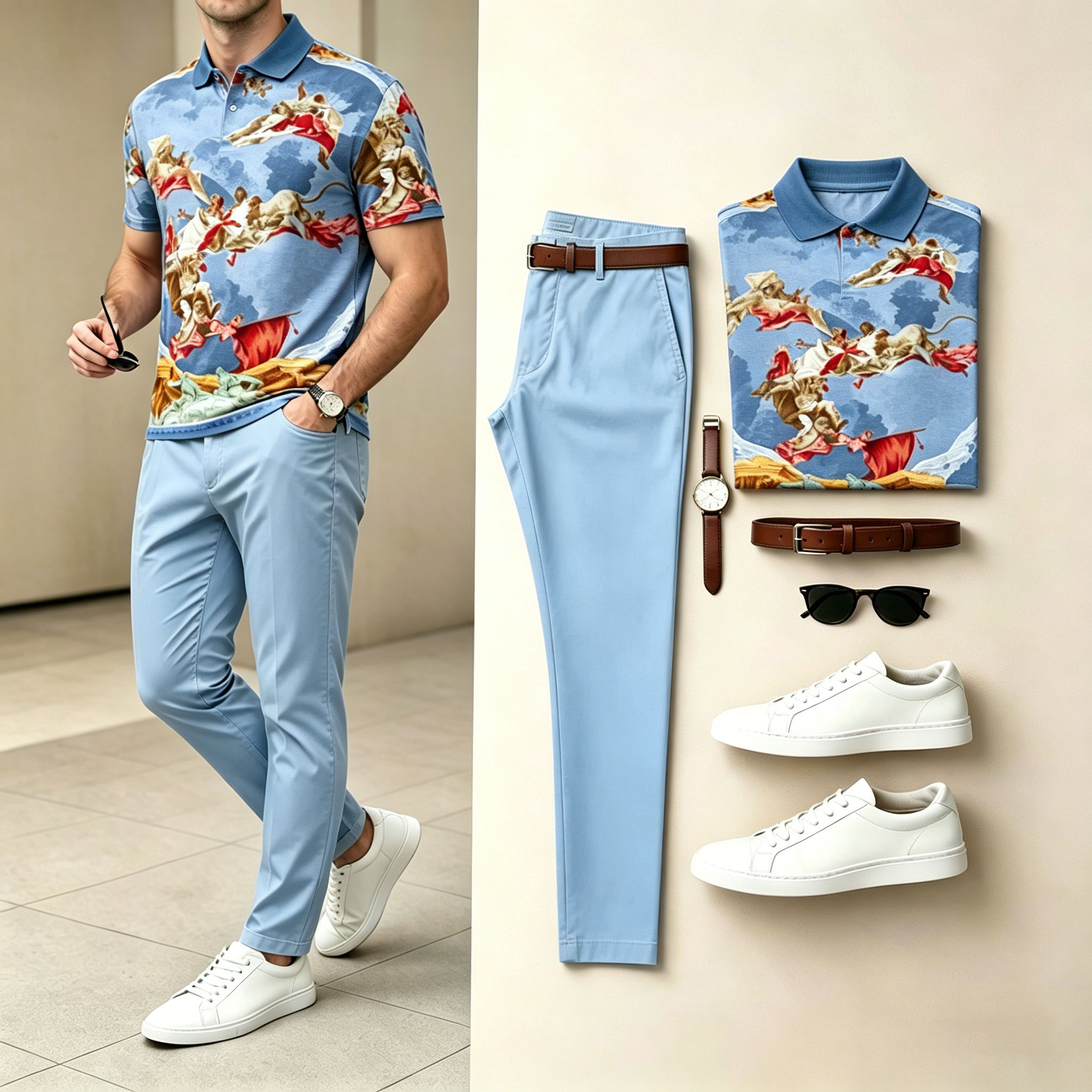 Men's Light And Mature Style, Simple Color Matching Short Sleeved Polo Shirt & Pants Two-Piece Set