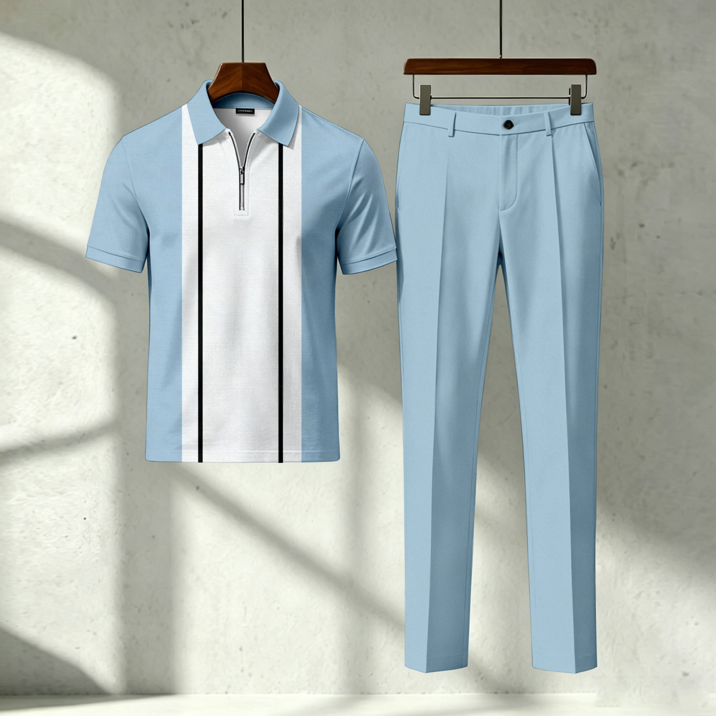 Men's Casual Blue & White Printed Polo Short-Sleeve T-Shirt And Pants Two-Piece Set