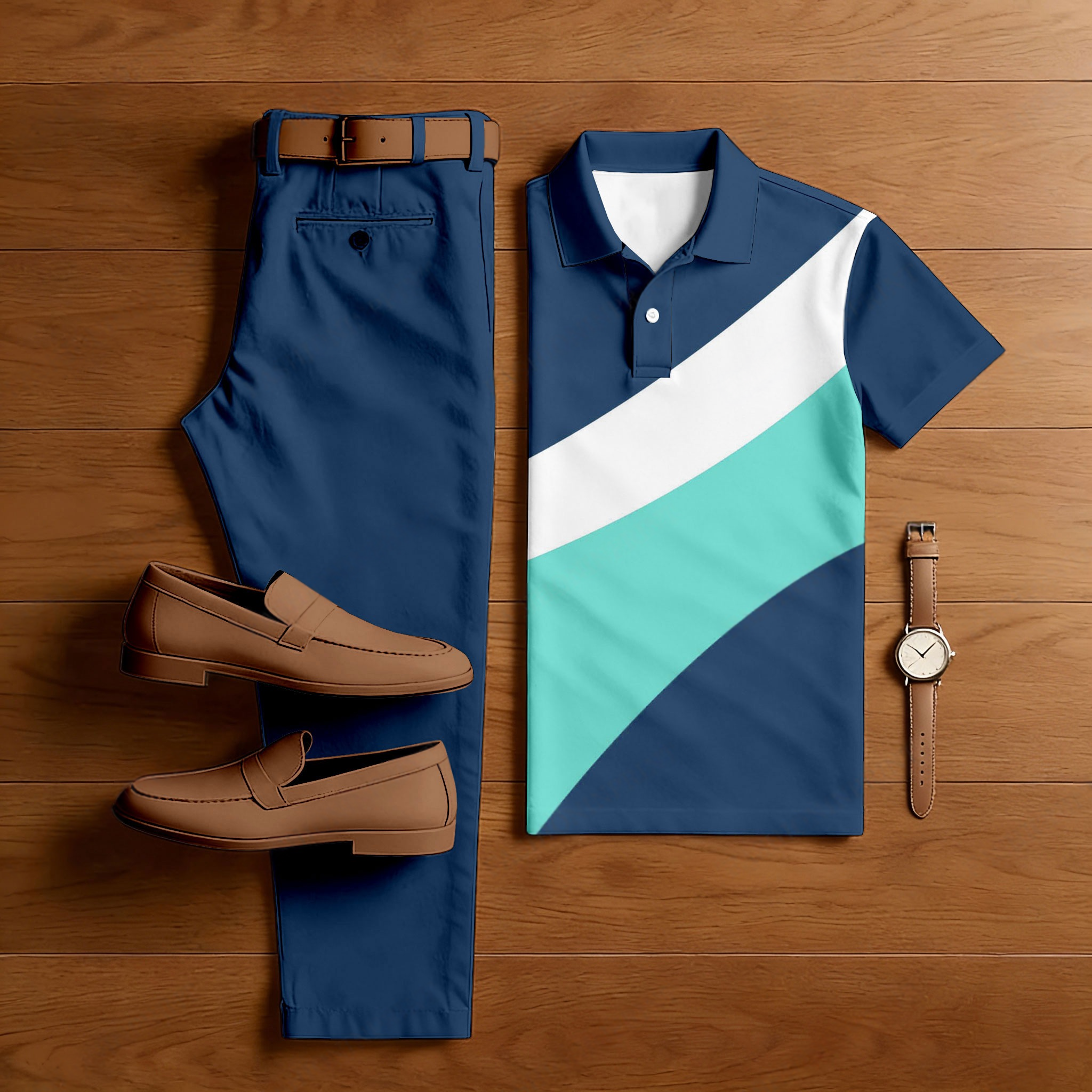 Men's Casual Navy Blue & Green &White Color Matching Printed Short Sleeved Polo Shirt & Trousers Two-Piece Set