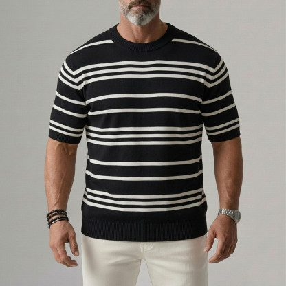 Men's Apricot Casual Striped Pattern Crew Neck Knitted Short Sleeve T-Shirt