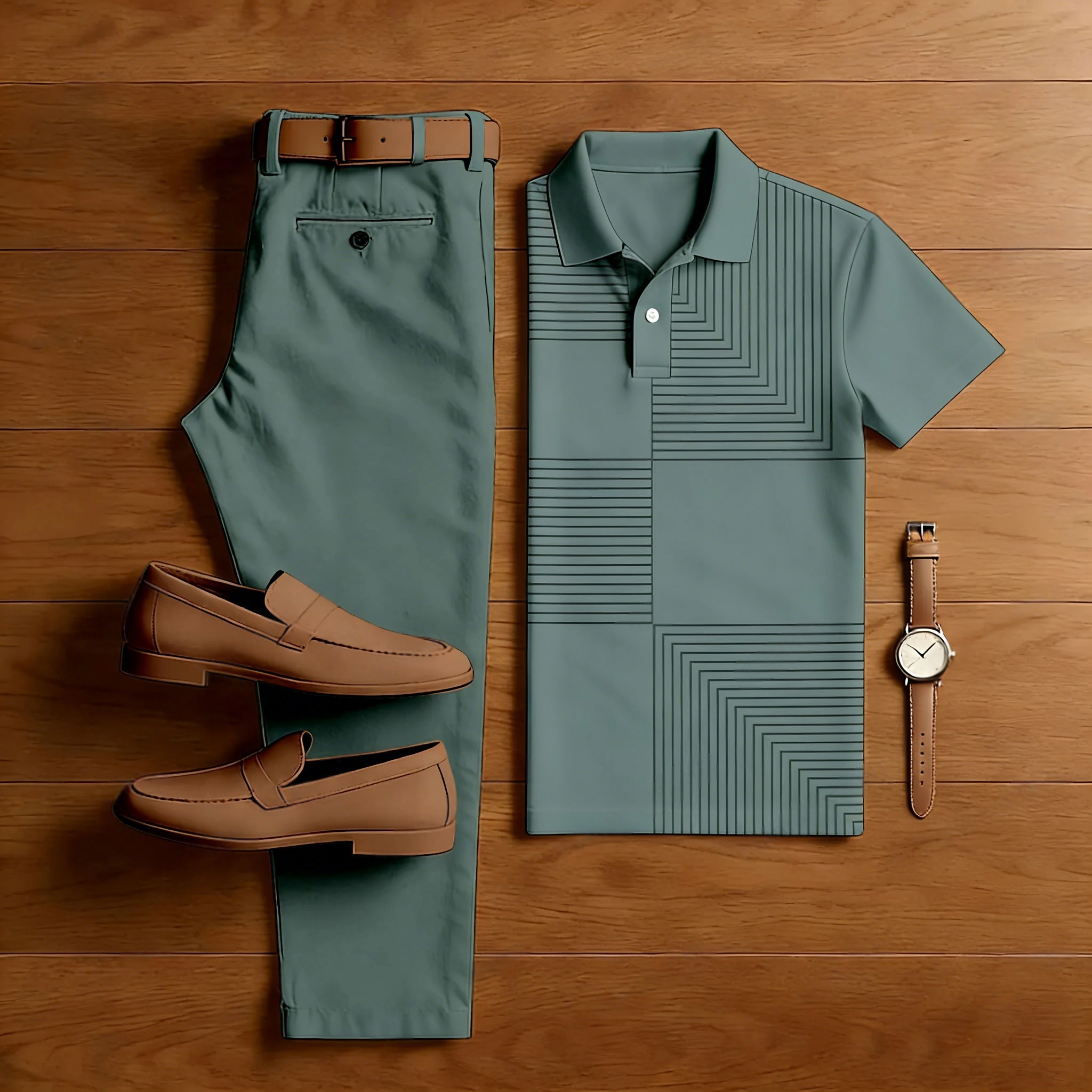 Men's Casual Dark Gray Geometric Print Polo Shirt And Trousers Two-Piece Set