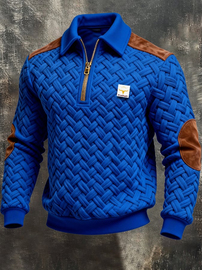 Men's Retro Jacquard Textured Patchwork Comfortable Color-Blocked Zip-Up Sweatshirt