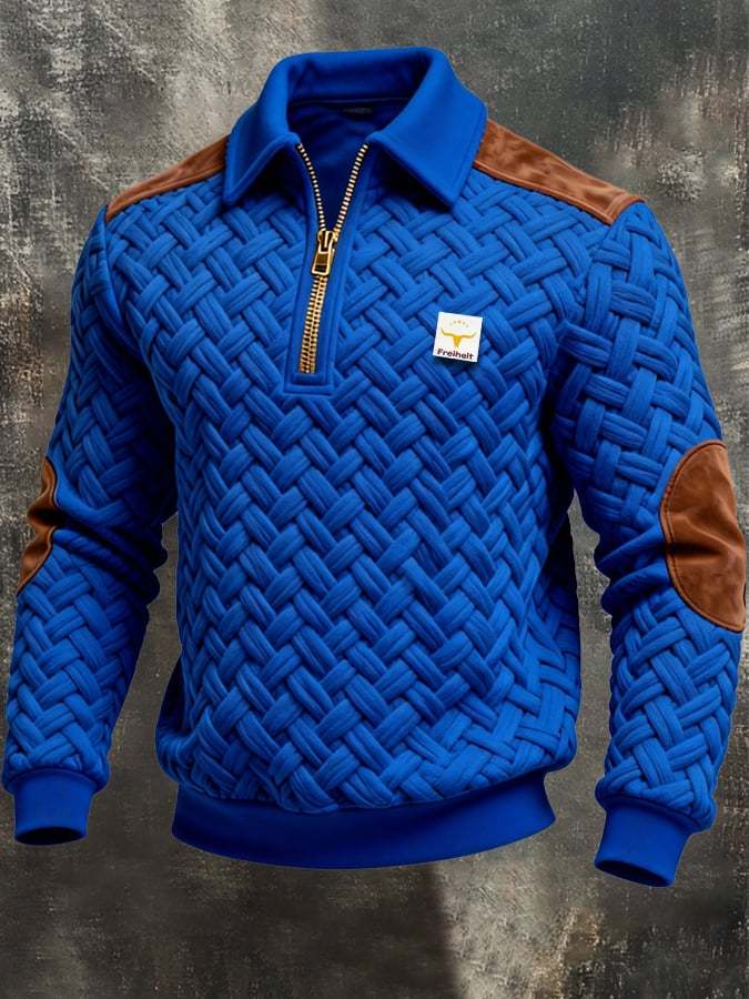 Men's Retro Jacquard Textured Patchwork Comfortable Color-Blocked Zip-
