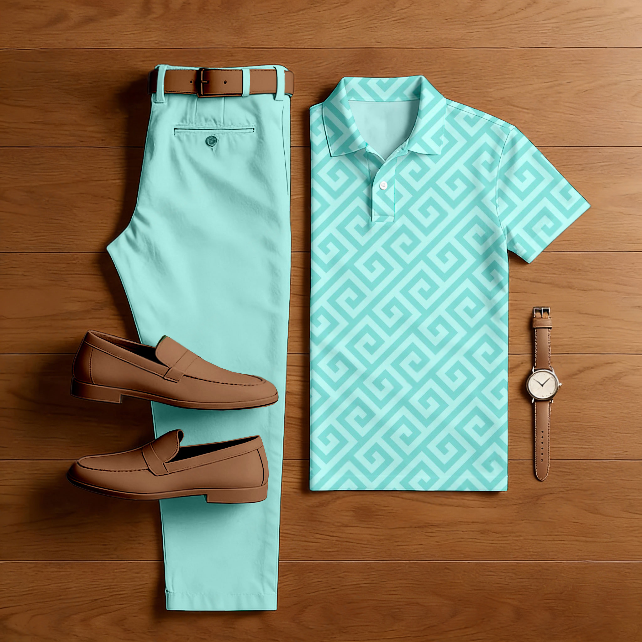 Men's Casual Lake Green Color Matching Printed Short Sleeved Polo Shirt & Trousers Two-Piece Set