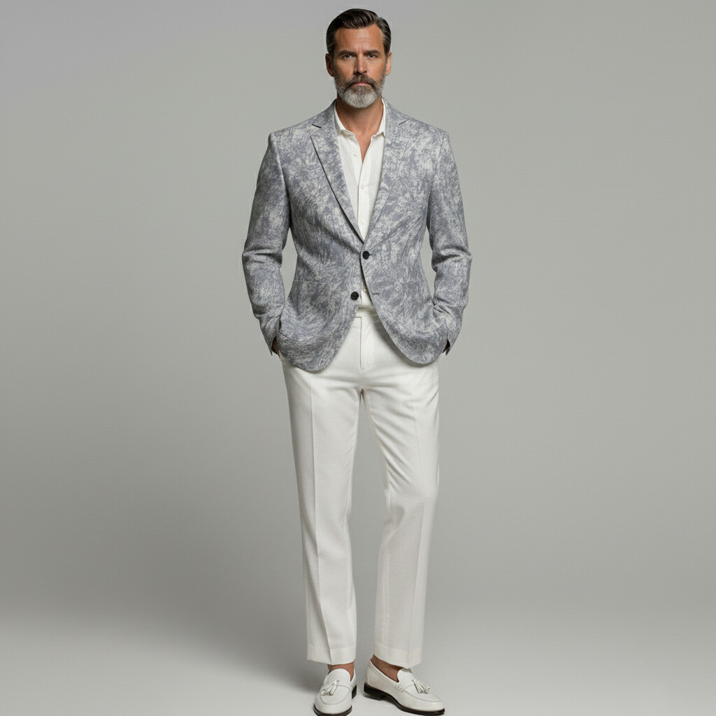 Men's Business Casual Gray Texture Pattern Patch Pocket Single Breasted Notched Lapel Blazer