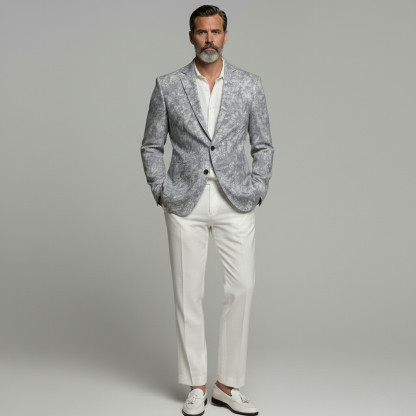 Men's Business Casual Gray Texture Pattern Patch Pocket Single Breasted Notched Lapel Blazer