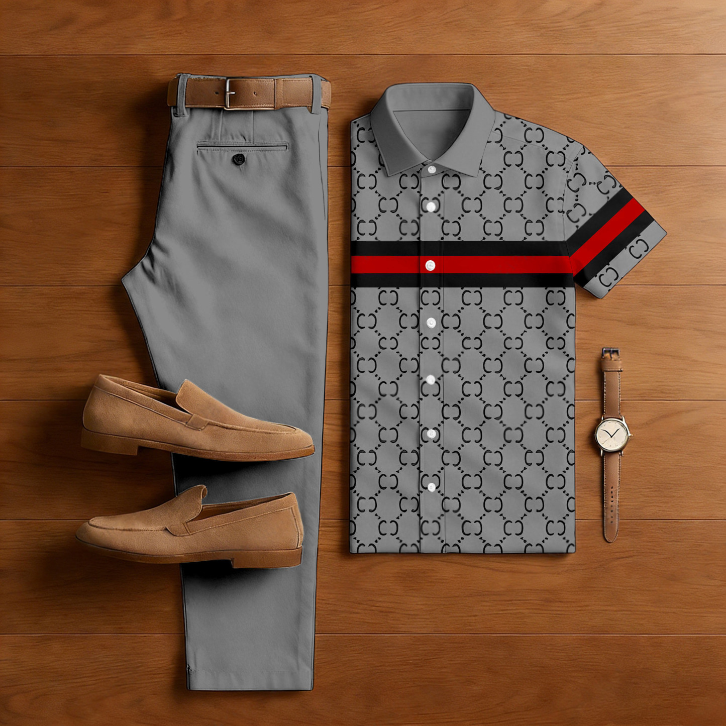 Men's Casual Gray Color Matching Retro Style Checkered Printed Short Sleeved Shirt & Trousers Two-Piece Set