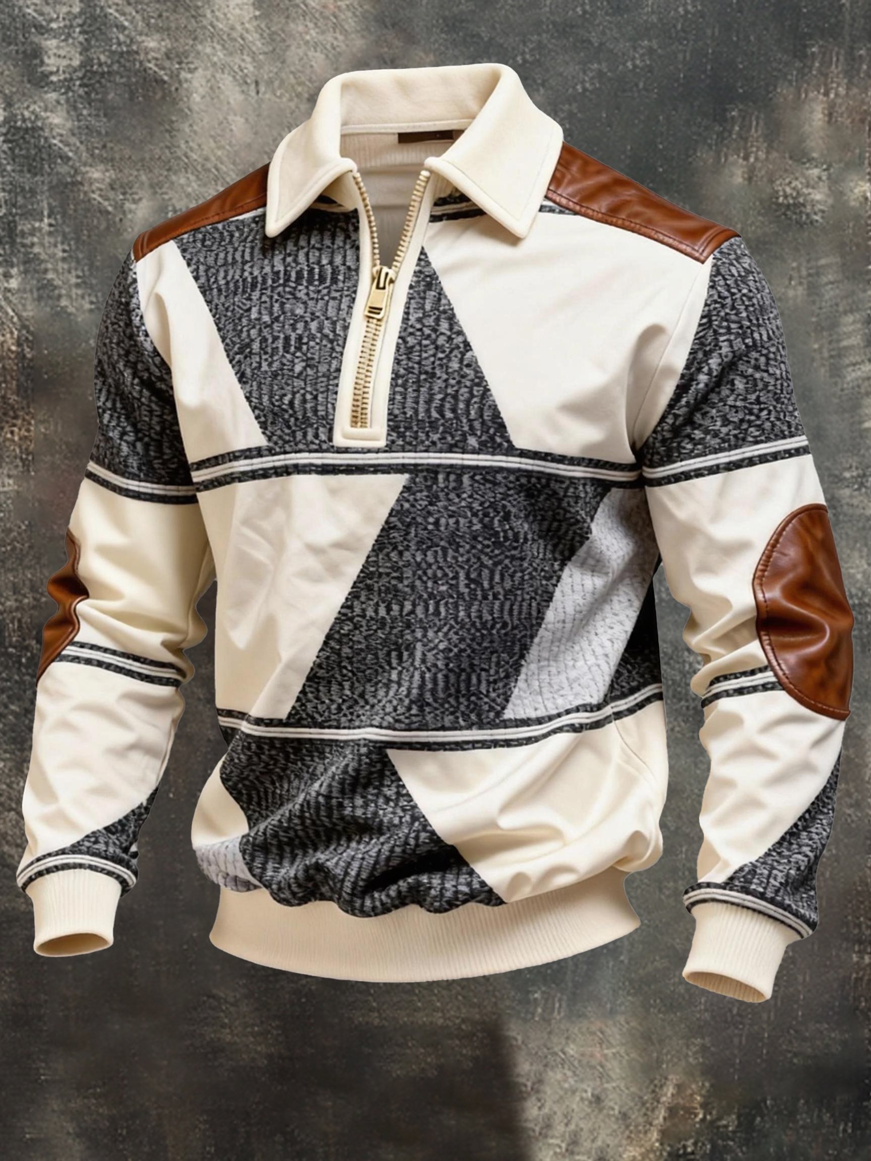Men's Vintage Color-Block Printed Zip-Up Hoodie