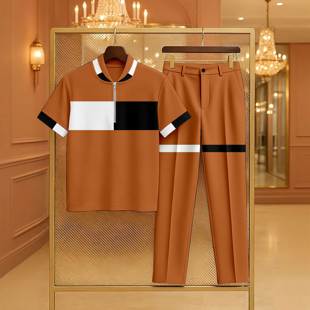 Men's Casual Black & White Color Matching Geometric Printed Zipper Short Sleeved Polo Shirt & Trousers Orange Two-Piece Set