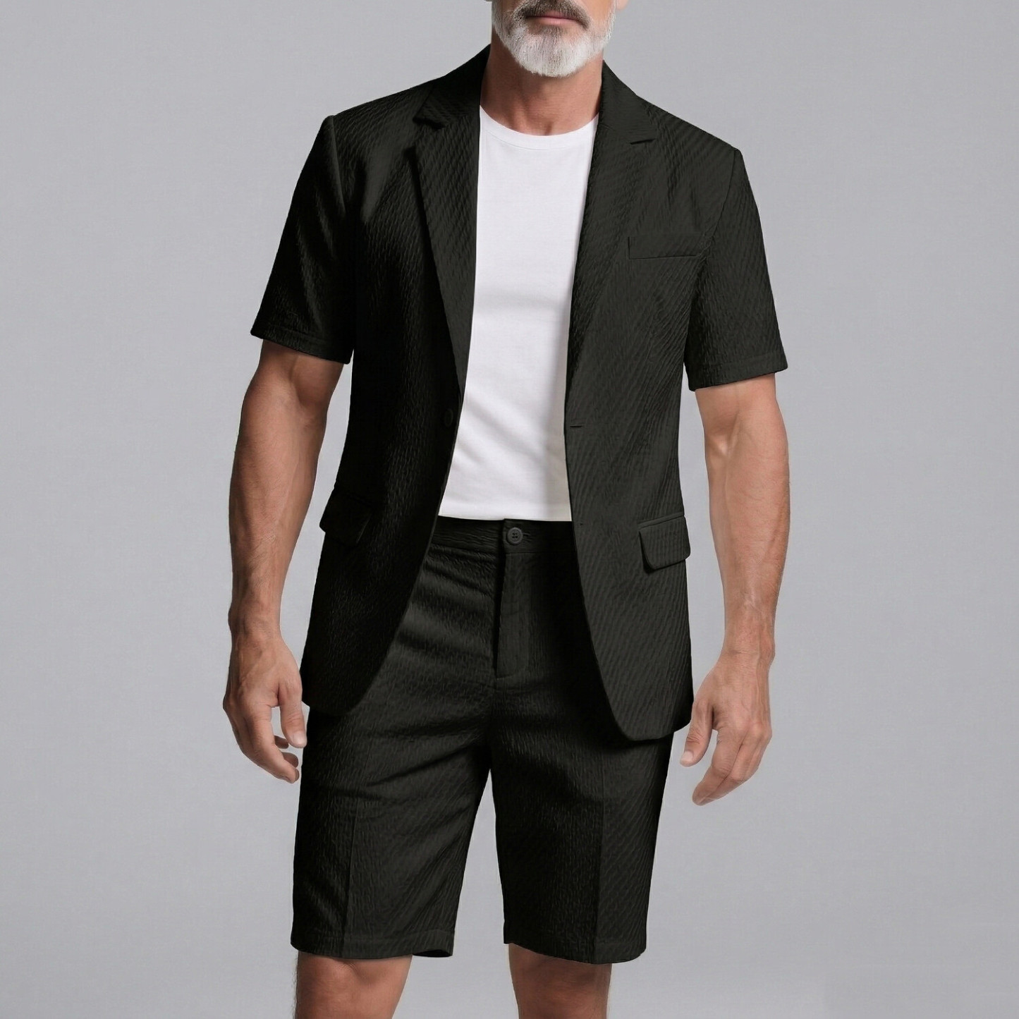 Men's Business Casual Plain Welt Pocket Notched Lapel Short Sleeve Blazer & Shorts 2Pcs Set