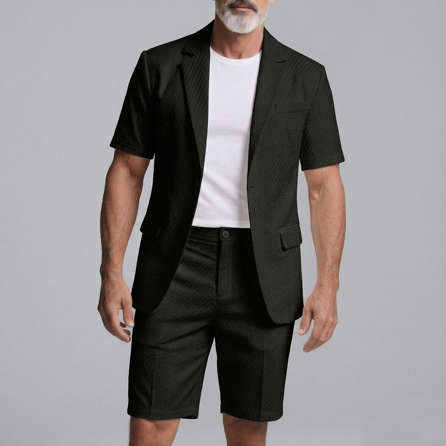 Men's Business Casual Plain Welt Pocket Notched Lapel Short Sleeve Blazer & Shorts 2Pcs Set