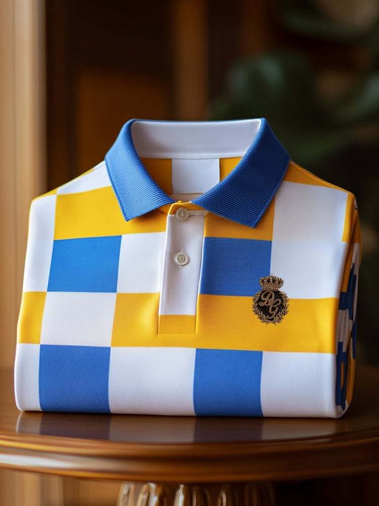 Men's Classic Business Check Logo Button Short Sleeve Polo Shirt