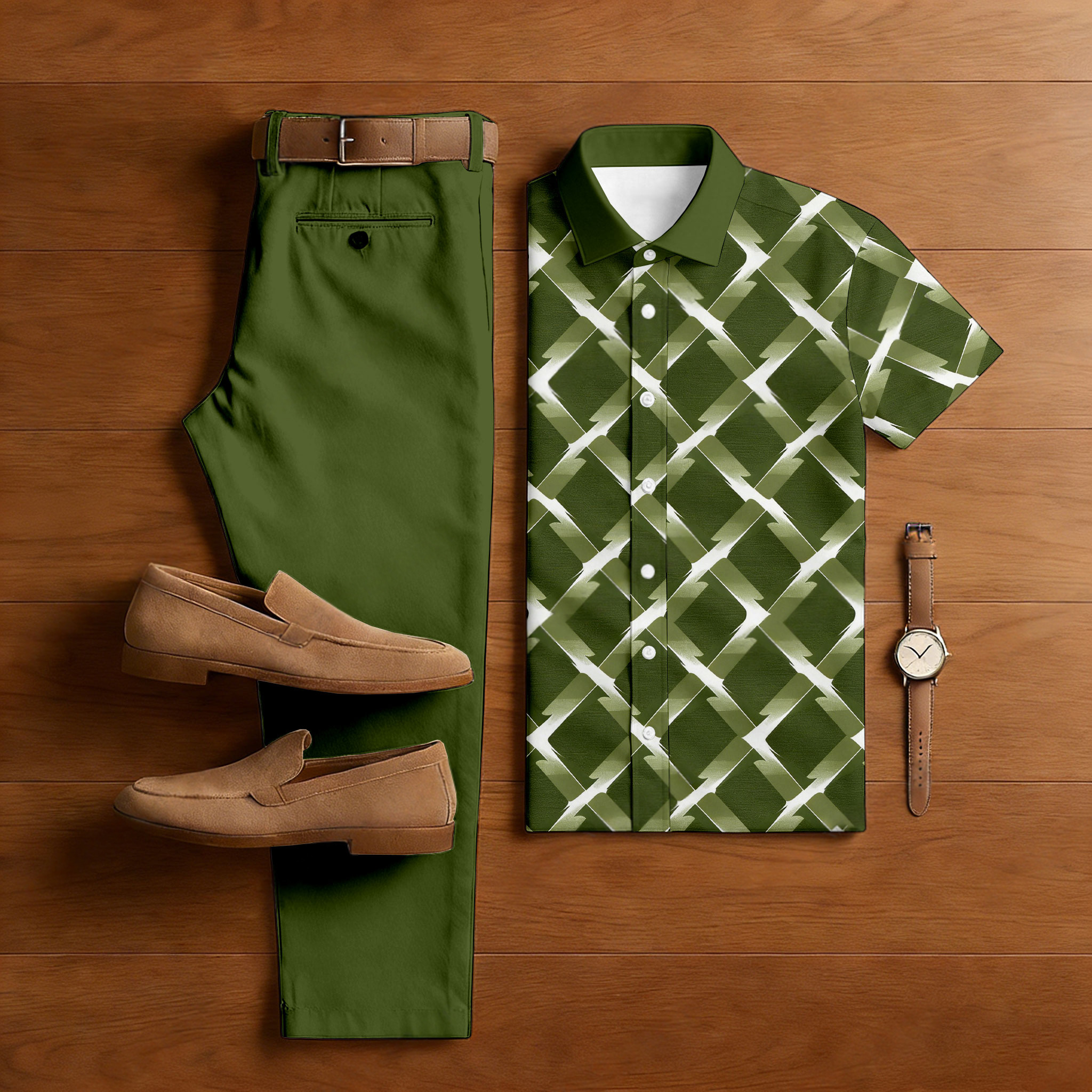 Men's Casual Grass Green Color Matching Checkered Printed Short Sleeved Shirt & Trousers Two-Piece Set