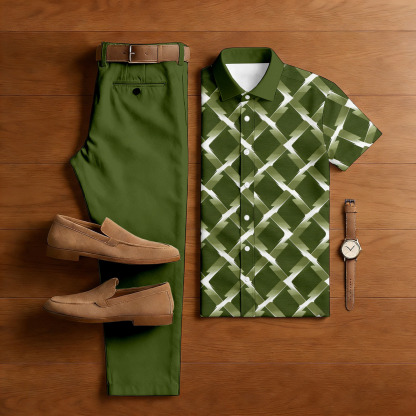 Men's Casual Grass Green Color Matching Checkered Printed Short Sleeved Shirt & Trousers Two-Piece Set