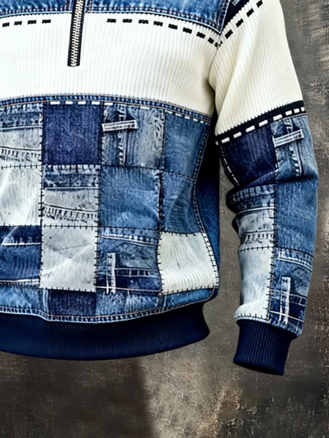 Men's Retro Color Block Print Color-Blocked Zip-Up Sweatshirt