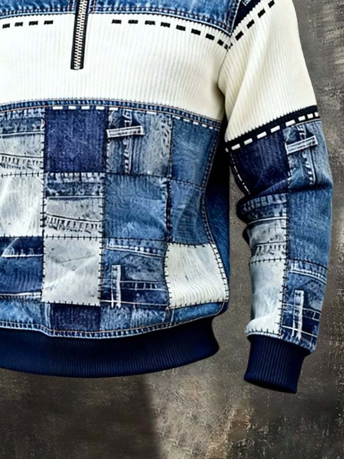 Men's Retro Color Block Print Color-Blocked Zip-Up Sweatshirt