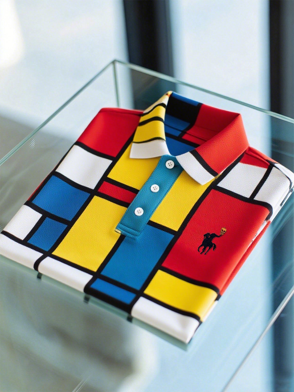 Men's Business Casual Mondrian Art Button Short Sleeve Polo Shirt