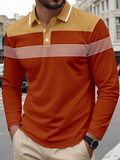 Men's Striped Business Casual Long Sleeve Polo Shirt