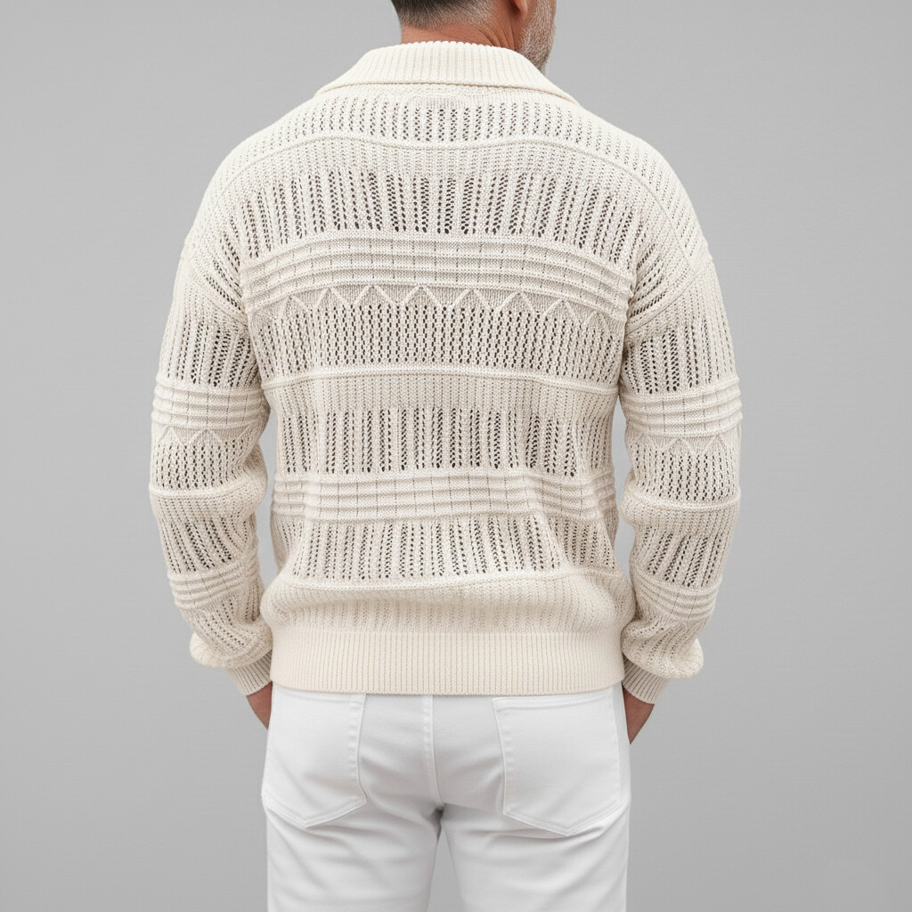 Men's Casual Solid Shirt Collar Hollow Out Crochet Long Sleeve Sweaters
