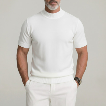 Men's Plain Ribbed Trim Crew Neck Slim Fit Knitted Short Sleeve T-Shirt