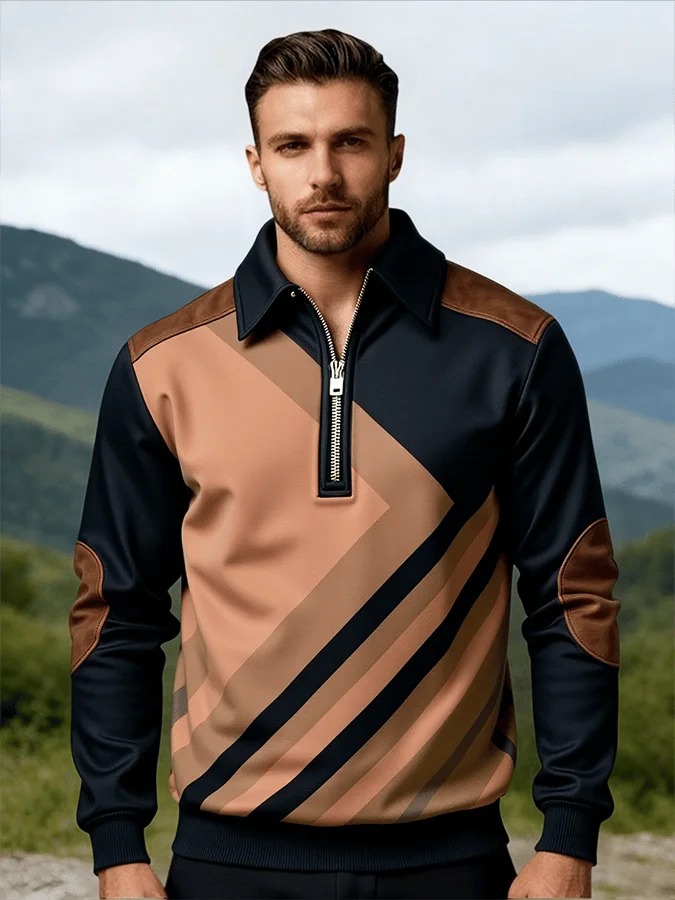 Men's Retro Color Block Print Color-Blocked Zip-Up Sweatshirt